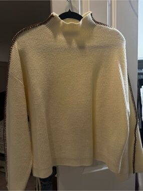 Anthropology Cream Mock Neck Sweater with Brown Contrast Stitching